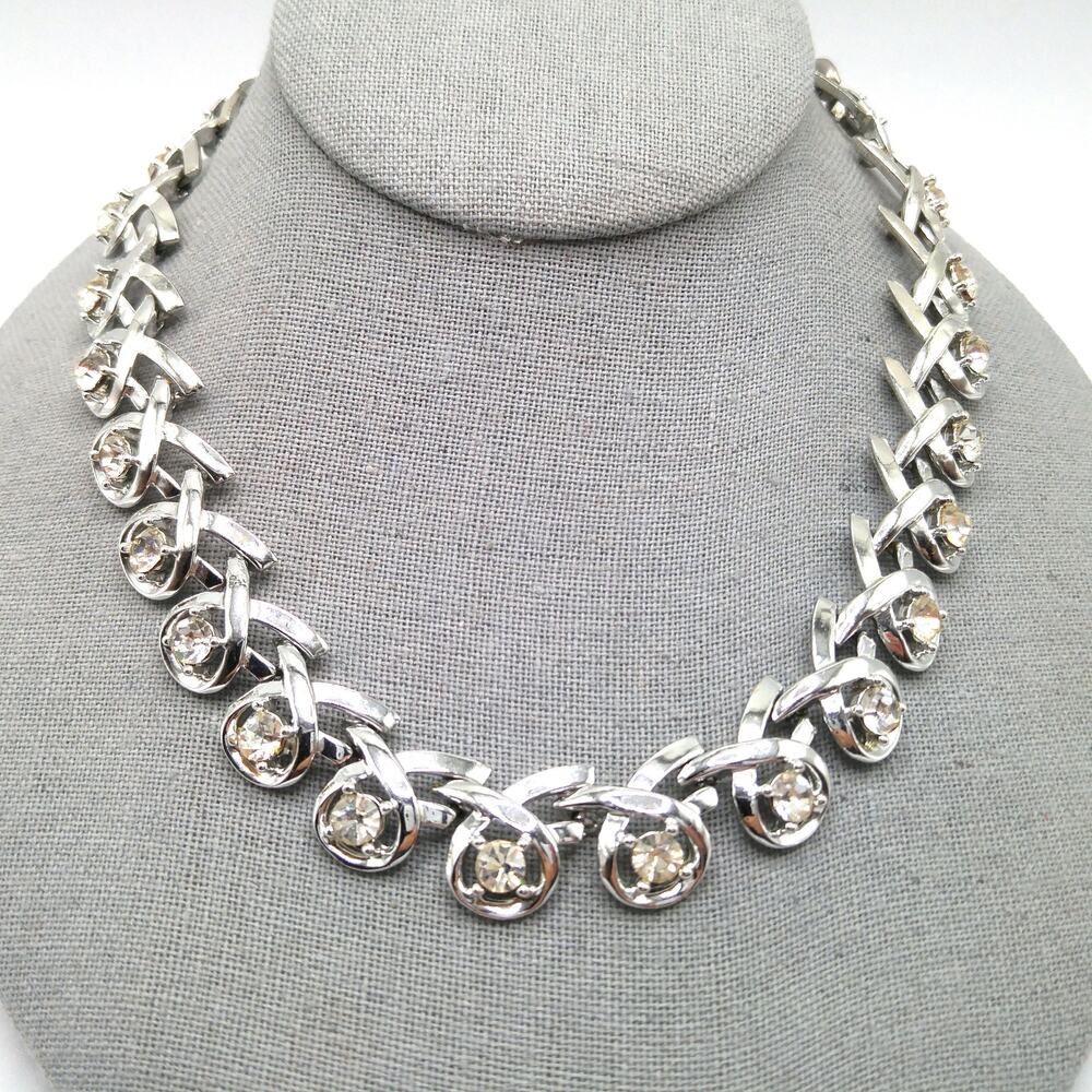Clear Rhinestone Choker Necklace, Rhodium Plated, 1960s Vintage Jewelry